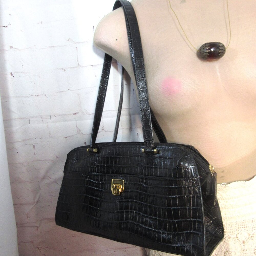 Etienne Aigner Black Croc-Embossed Shoulder Bag - Picture 3 of 8